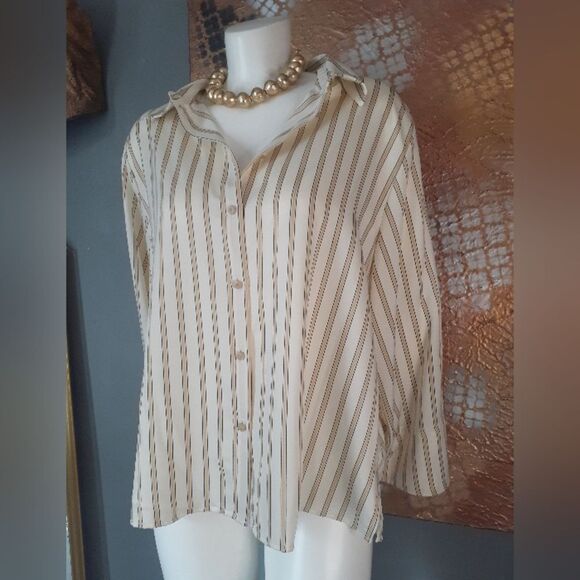Zara Oversized Striped Cream Button-Up Blouse - Picture 13 of 14
